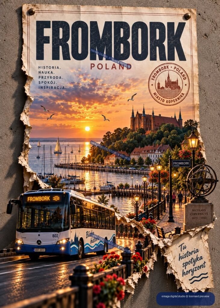 Vertical Frombork Poland travel poster showing a sunset harbor, boats, cathedral, waterfront promenade, lamps, flowers, and a city bus.