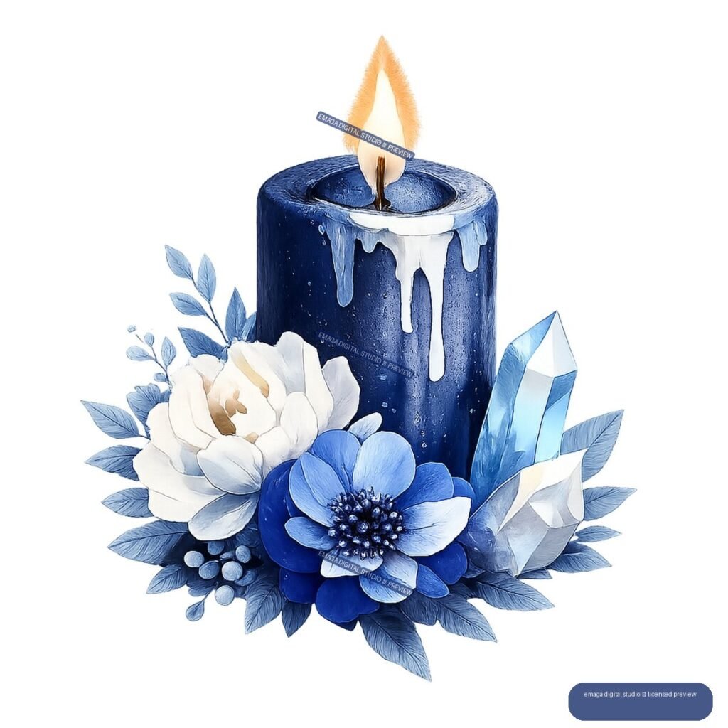 Blue pillar candle with a flame surrounded by white and blue flowers, leaves, berries, and crystal shapes.