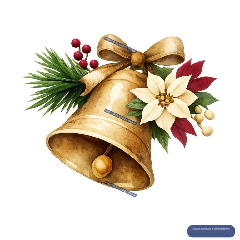 Golden Christmas Bell with Poinsettia and Evergreen - No. 002562