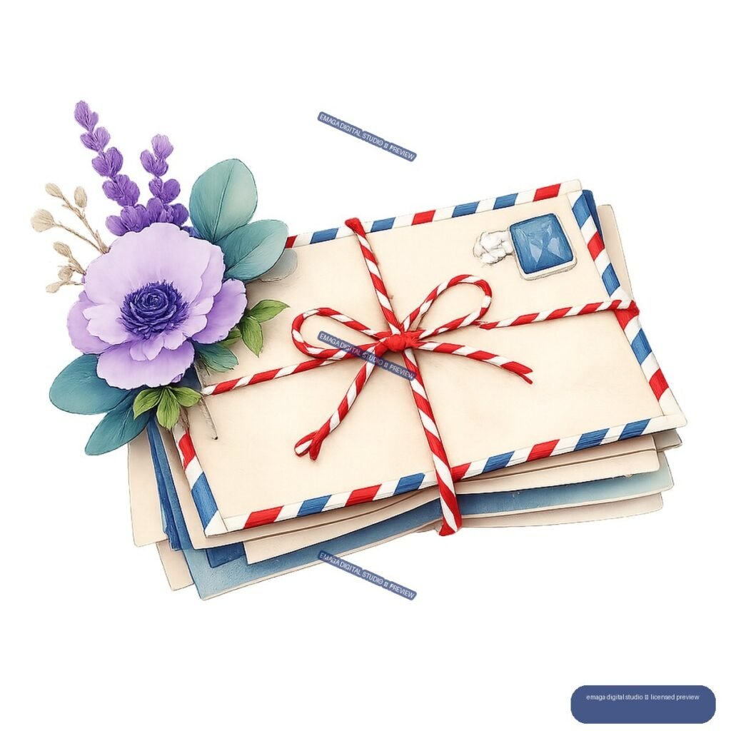Stack of cream envelopes with airmail borders, tied with red-and-white ribbon and decorated with lavender flowers.