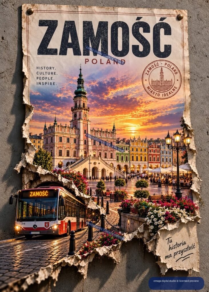 Vintage-style Zamość Poland travel poster showing the historic market square at sunset, colorful buildings, a town hall tower, flowers, street lamps, pedestrians, and a city bus within torn paper edges.