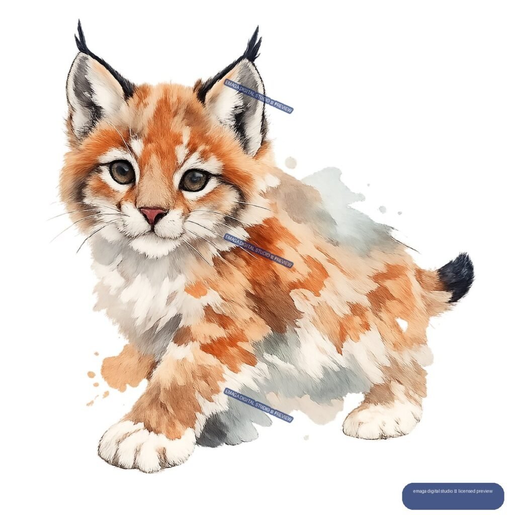 Watercolor illustration of a seated orange-brown bobcat kitten with tufted ears, pale markings, and a dark-tipped tail.