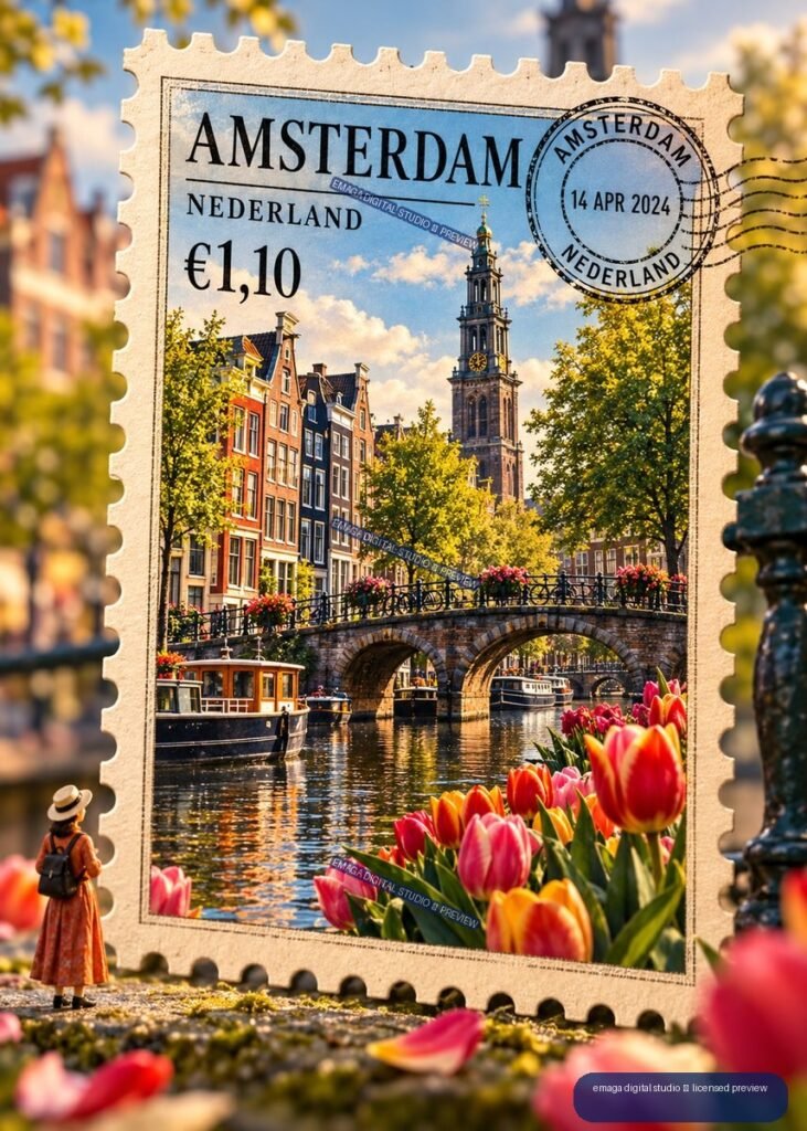Decorative Amsterdam postage stamp showing a canal, stone bridge, historic buildings, clock tower, boats, tulips, and a circular postmark dated 14 APR 2024.