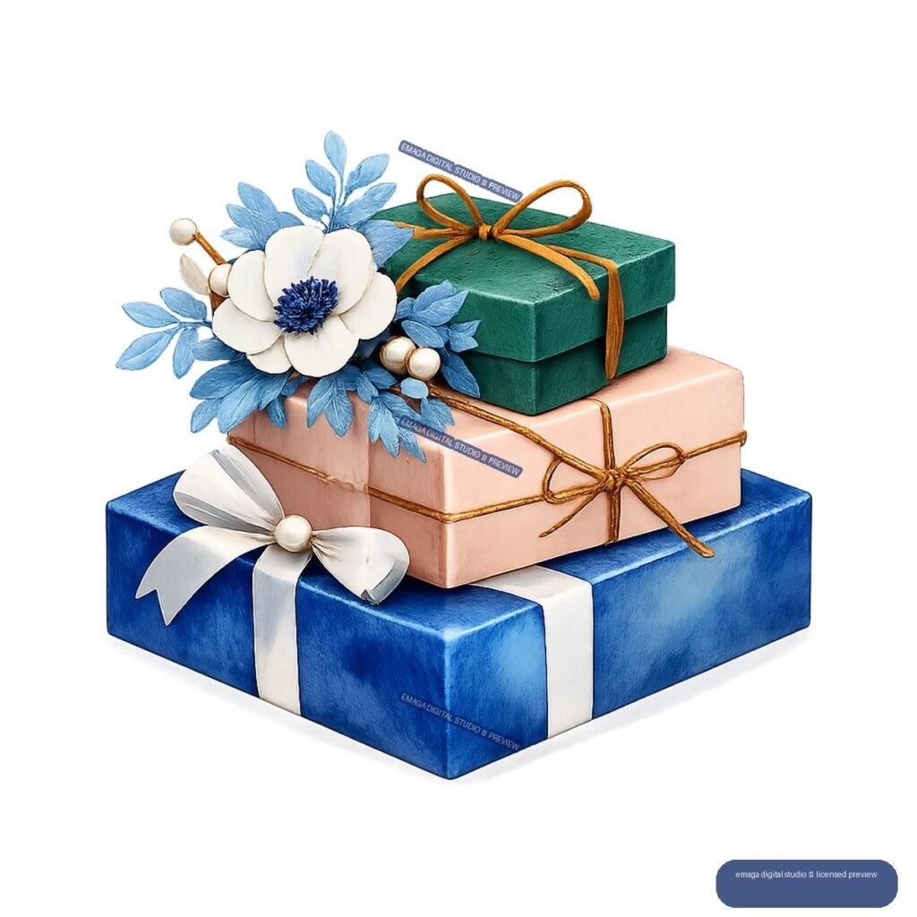Three stacked gift boxes in blue, pink, and teal with ribbons, bows, and a white-and-blue floral decoration.