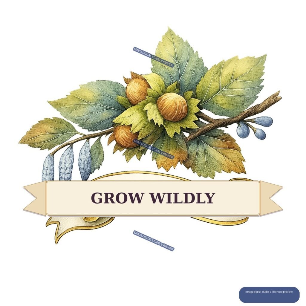 Botanical branch with green leaves, hazelnut-like fruits, blue berries, and a cream ribbon reading “GROW WILDLY.”