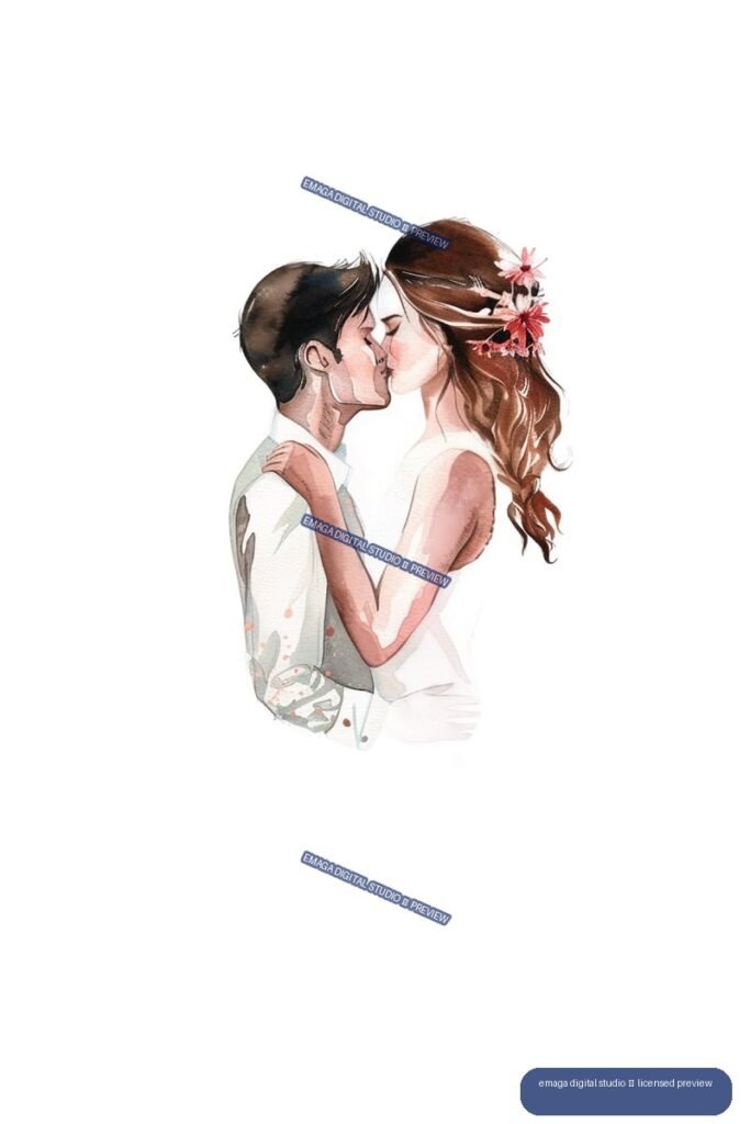 Watercolor illustration of a bride and groom embracing and kissing, with flowers in the bride's hair.