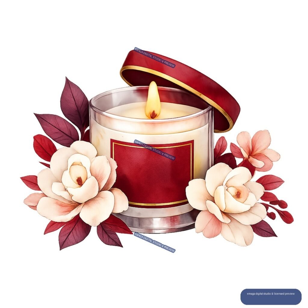 Lit red candle in a glass container with a red-and-gold lid, surrounded by cream flowers, pink blossoms, burgundy leaves, and berries.