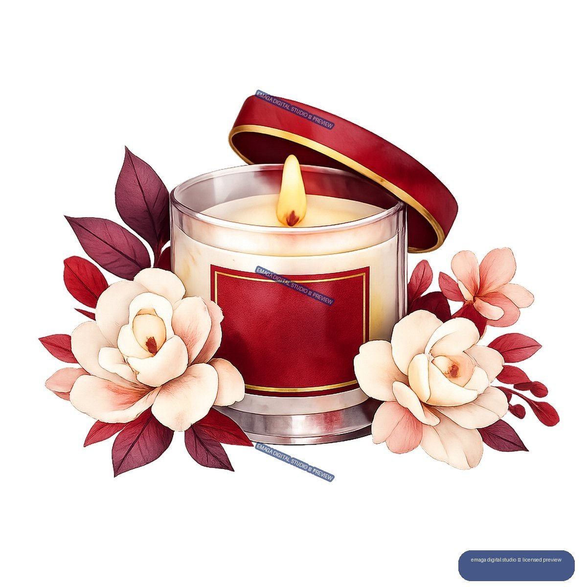 Lit red candle in a glass container with a red-and-gold lid, surrounded by cream flowers, pink blossoms, burgundy leaves, and berries.