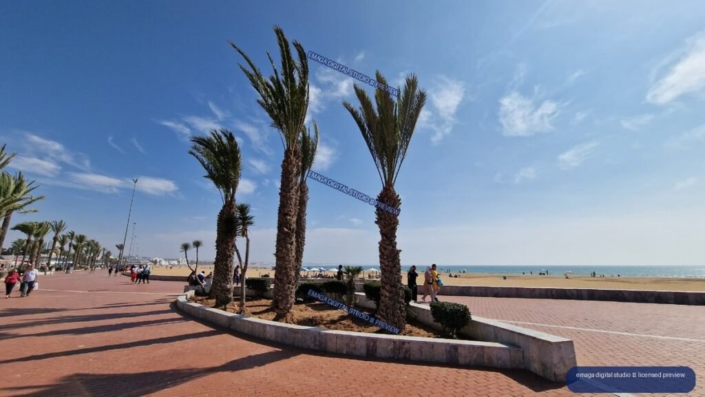 Palm-lined seaside promenade and beach in Agadir, Morocco