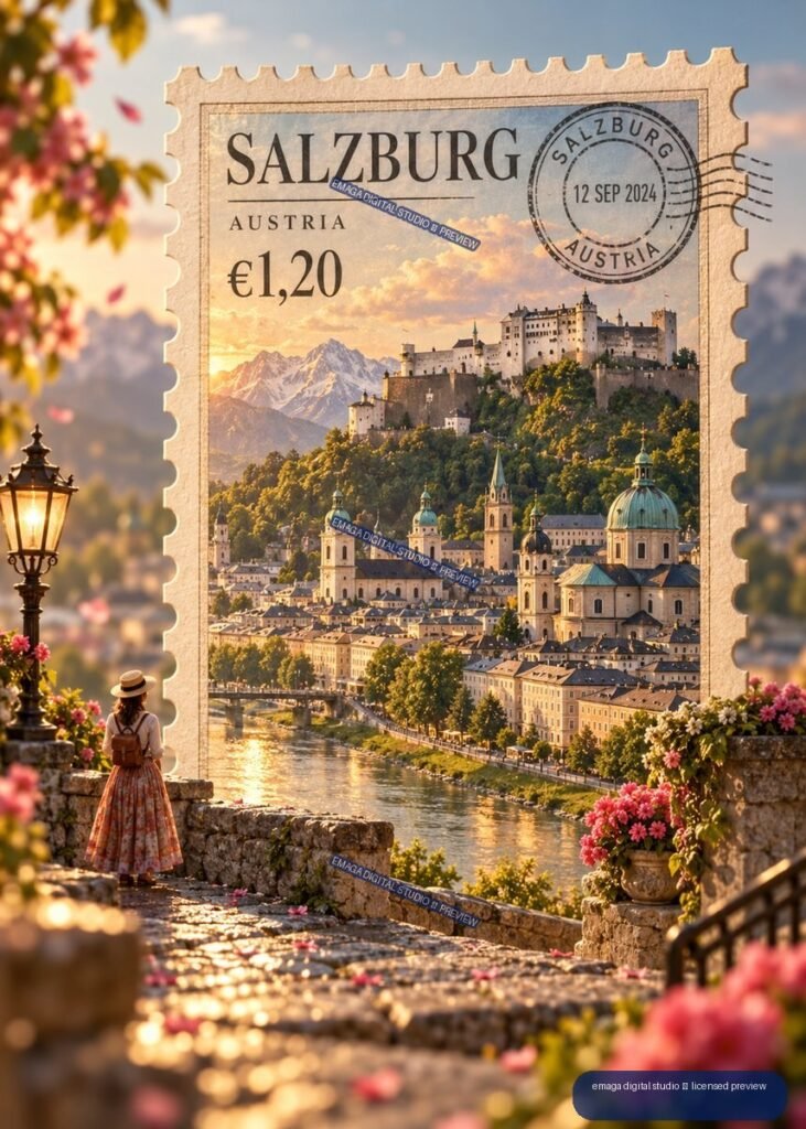 Decorative Salzburg Austria postage stamp showing the city, river, fortress, mountains, €1,20 denomination, and a 12 SEP 2024 postmark, displayed in a flower-filled sunset scene.