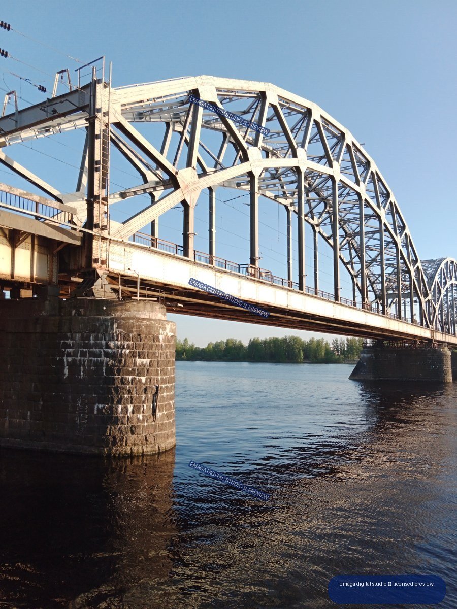 Steel railway bridge over the river in Riga, Latvia