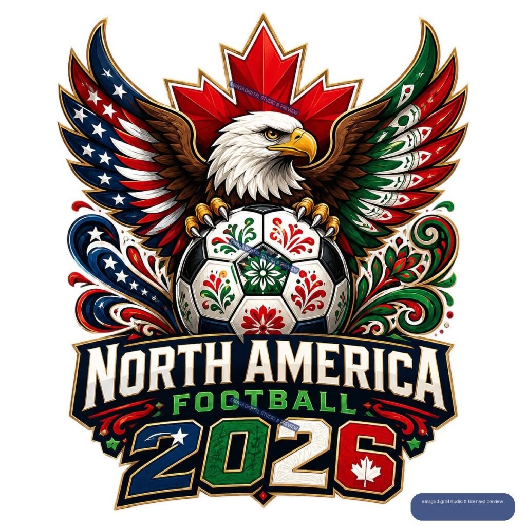 Colorful North America football emblem with bald eagle, soccer ball, maple leaf, and 2026 lettering