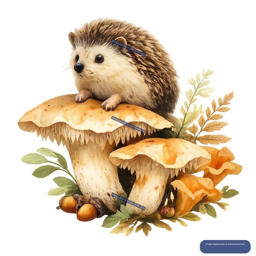 Watercolor-style hedgehog sitting on a large mushroom, surrounded by smaller mushrooms, leaves, grasses, and acorns.