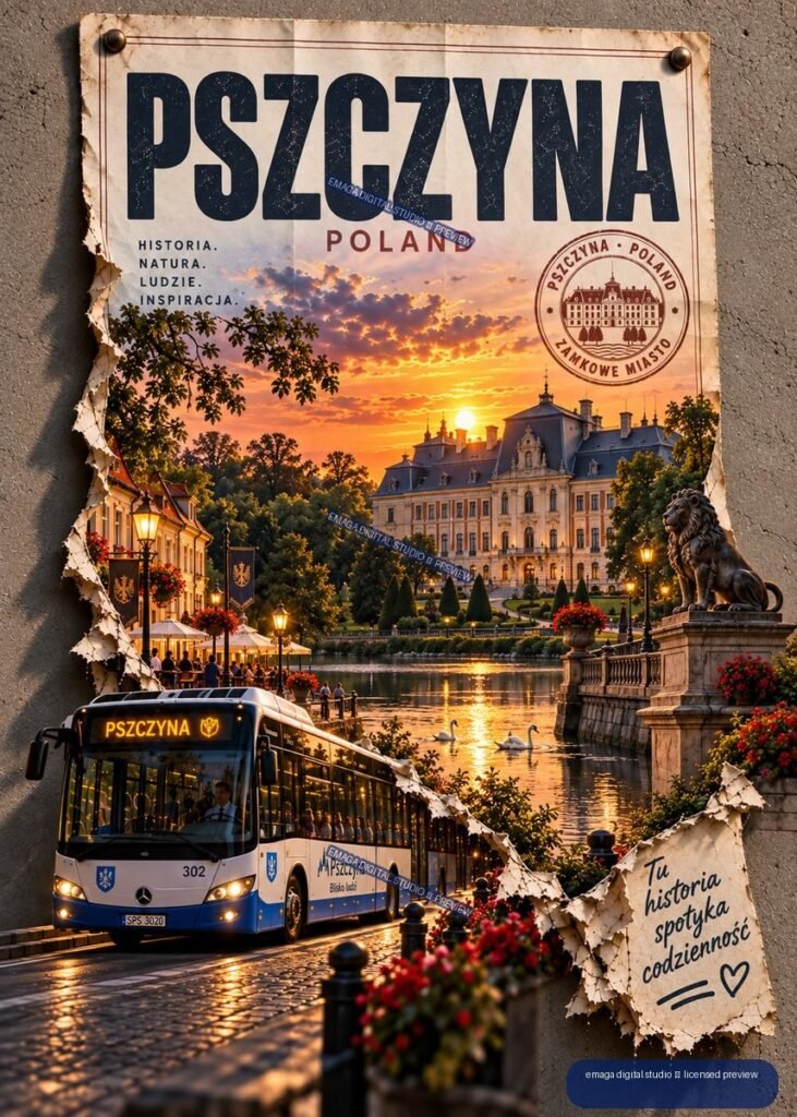 Weathered Pszczyna Poland travel poster showing a palace, sunset lake, swans, flower-lined street, bus, and lion statue.
