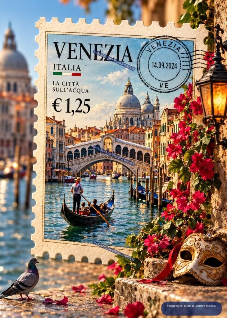 Decorative Venezia postage stamp showing Venice canals, Rialto Bridge, gondola, flowers, lantern, pigeon, and ornate mask.