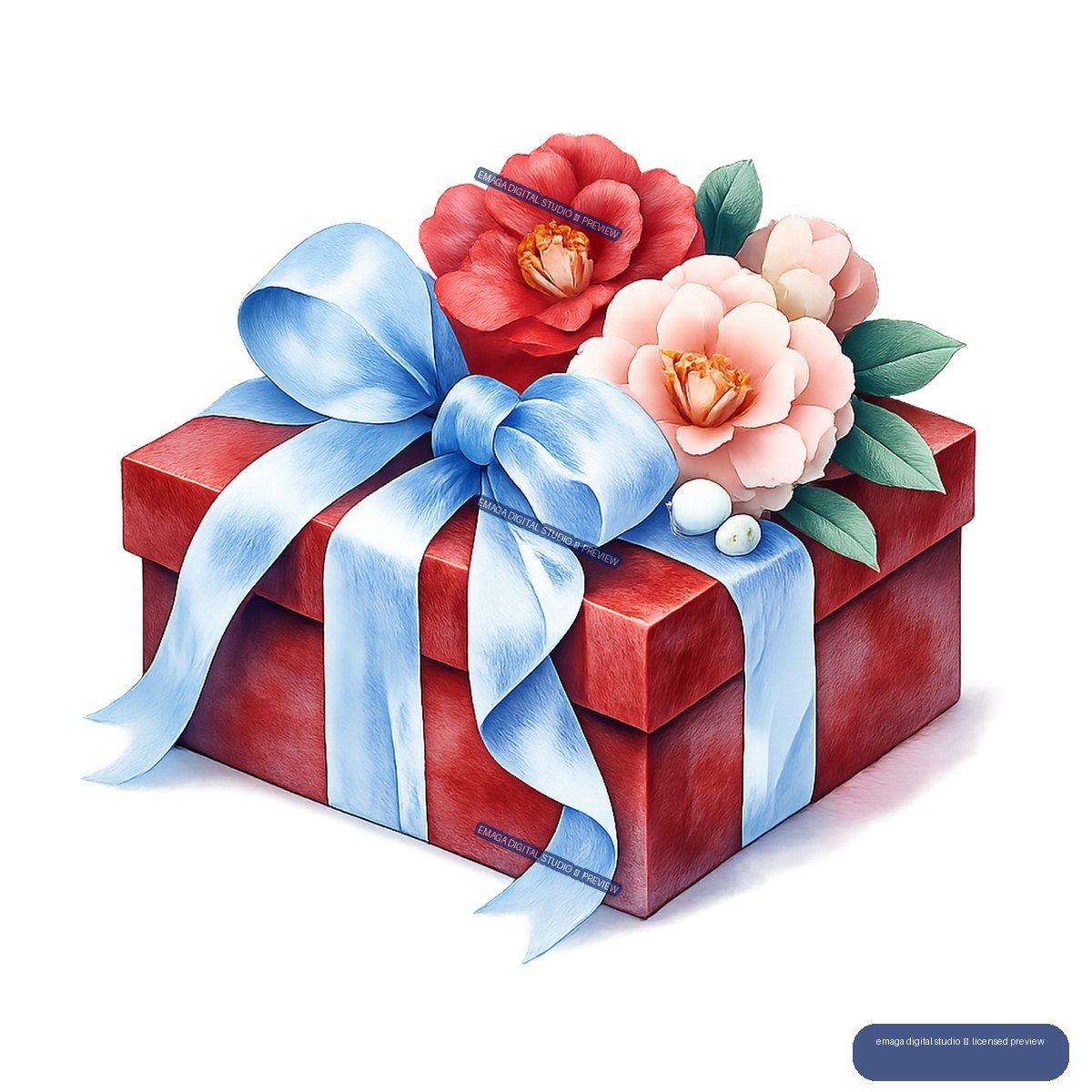 Red gift box tied with a large pale blue bow, topped with red and blush flowers, green leaves, and white accents.
