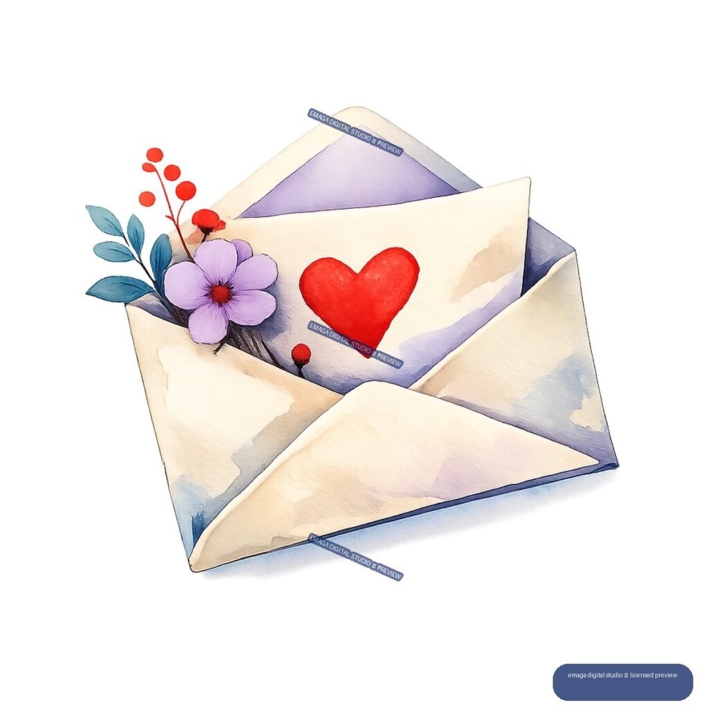 Watercolor illustration of an open envelope holding a heart-marked letter and purple flowers with red berries.