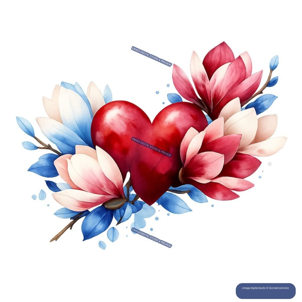 A glossy red heart surrounded by pink, cream, and blue flowers and leaves.