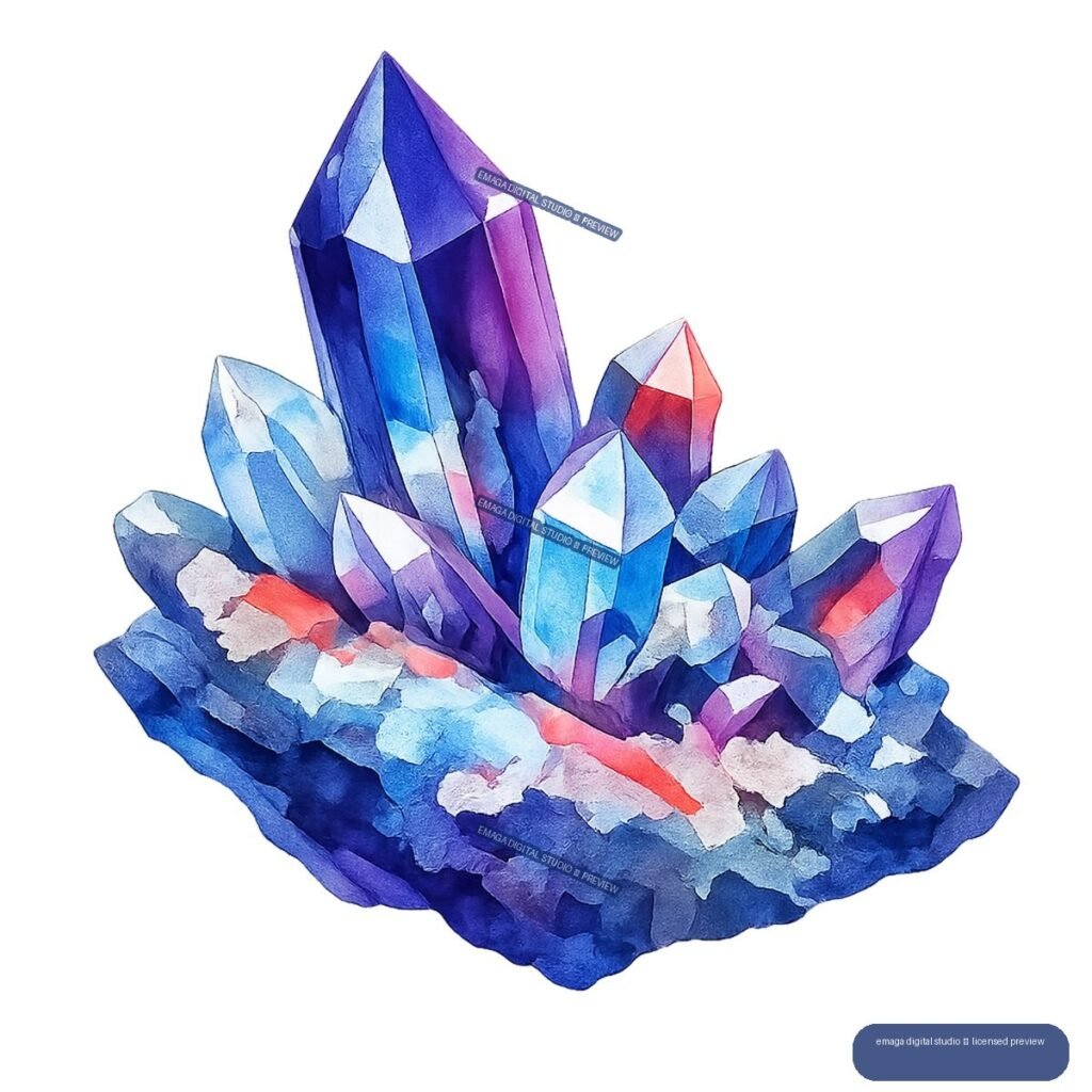 Watercolor-style cluster of blue, purple, cyan, and coral pointed crystals on a faceted mineral base.