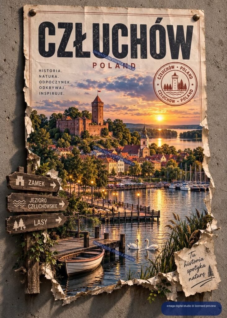 Vintage-style Człuchów Poland travel poster showing a lakeside castle, sunset, marina, swans, and wooden directional signs.