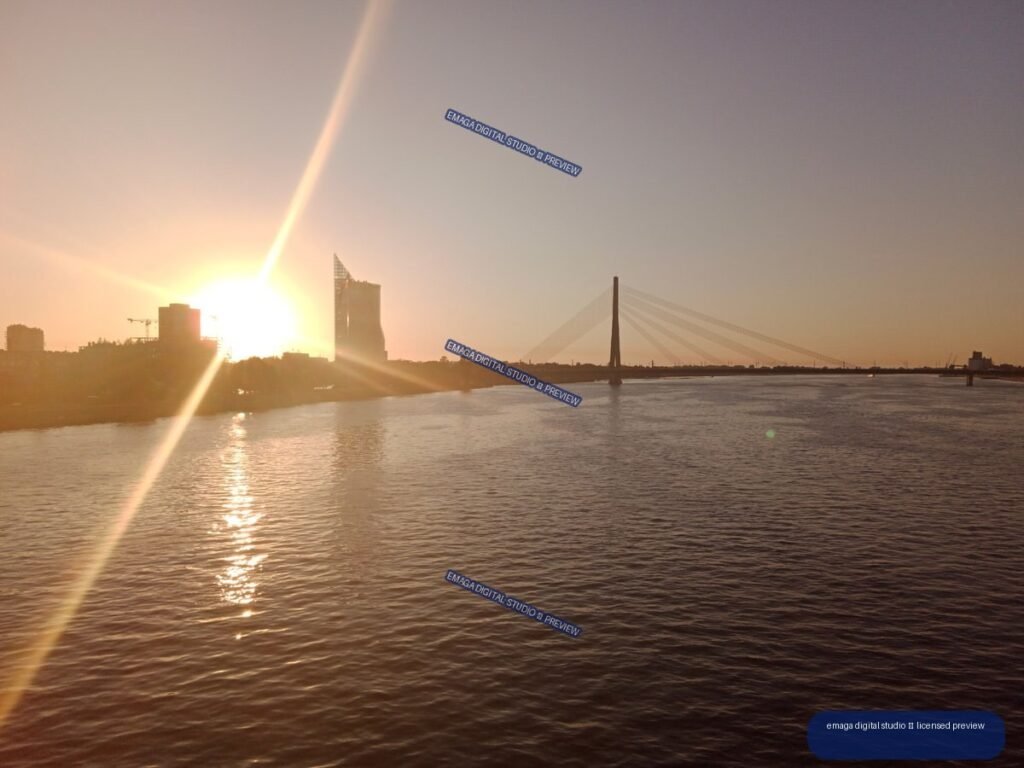 Sunset over the Daugava River and Cable-Stayed Bridge in Riga, Latvia