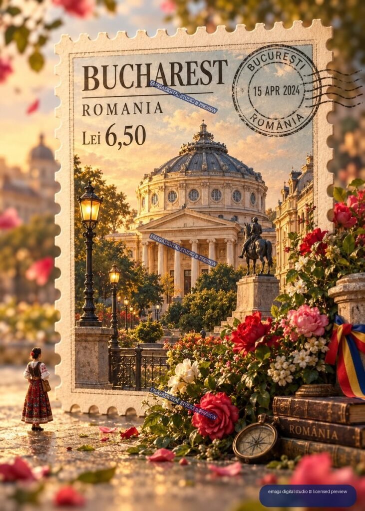 Decorative Bucharest, Romania postage stamp showing a domed neoclassical building, gardens, flowers, a statue, and a dated postmark.