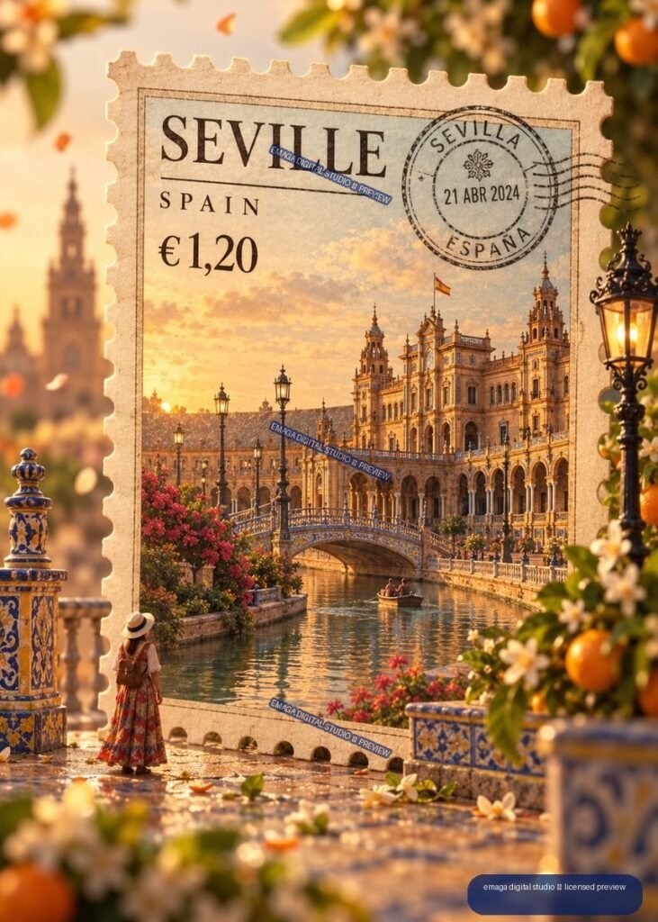 Decorative Seville Spain postage stamp showing Plaza de España, a canal, sunset sky, tiled architecture, citrus branches, and a small figure.