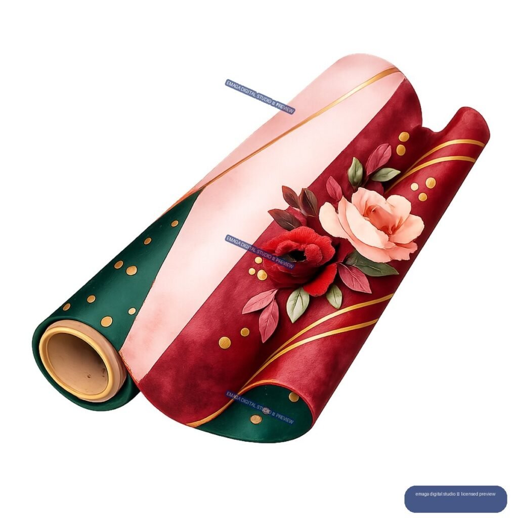Two diagonal rolls of decorative gift wrap in burgundy, blush, and green, decorated with gold accents and flowers.