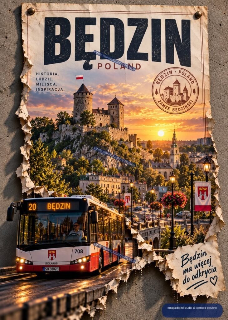 Vintage-style Będzin Poland travel poster showing Będzin Castle, a sunset cityscape, Polish flags, streetlamps, and a city bus on a steep road.