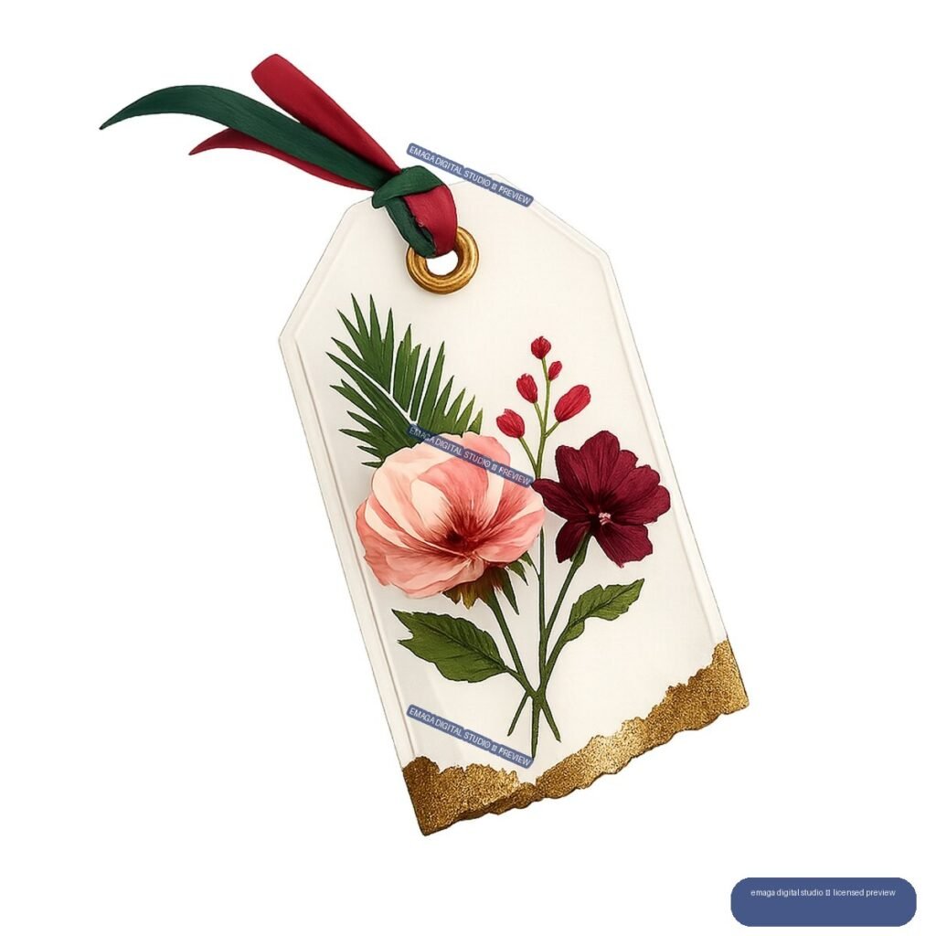 Cream gift tag with red and green ribbon, pink and burgundy flowers, green foliage, and gold edging.
