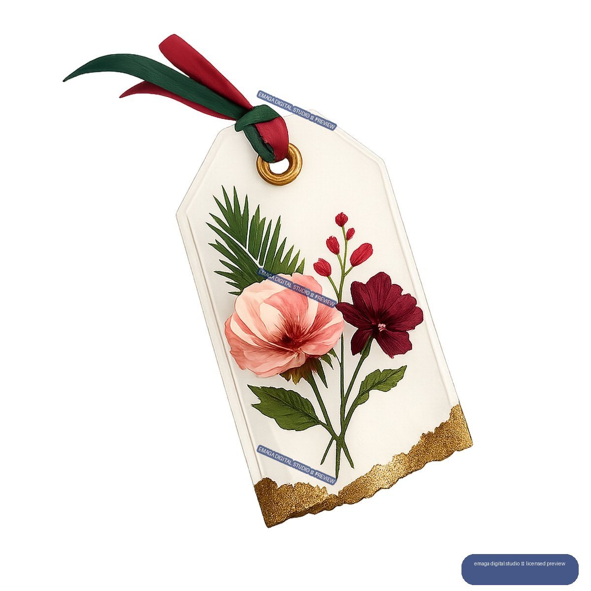 Cream gift tag with red and green ribbon, pink and burgundy flowers, green foliage, and gold edging.