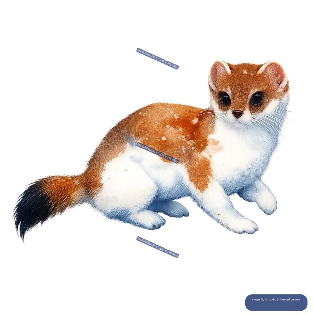 Seated red panda cub with russet fur, white markings, dark tail, and cool blue winter shading.