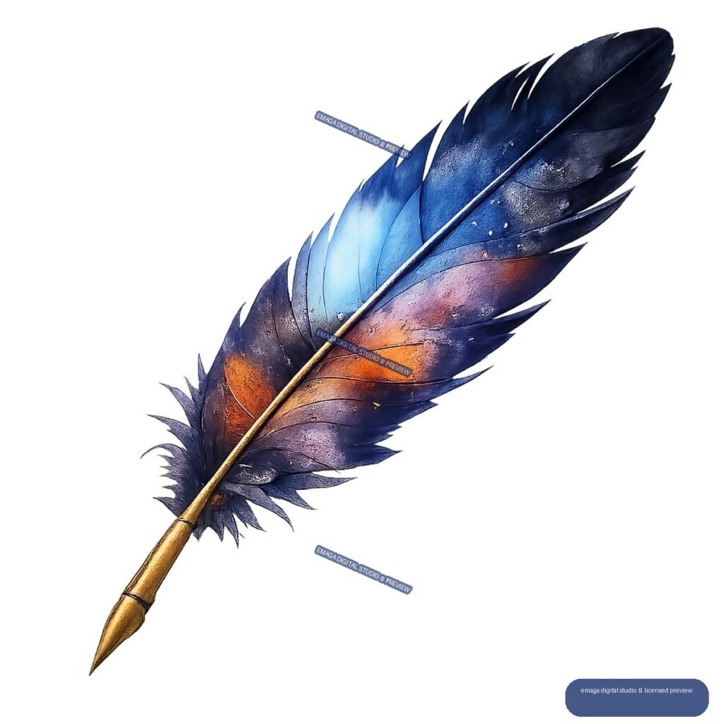 Ornate blue, violet, and orange feather quill with a golden nib, angled from lower left to upper right.