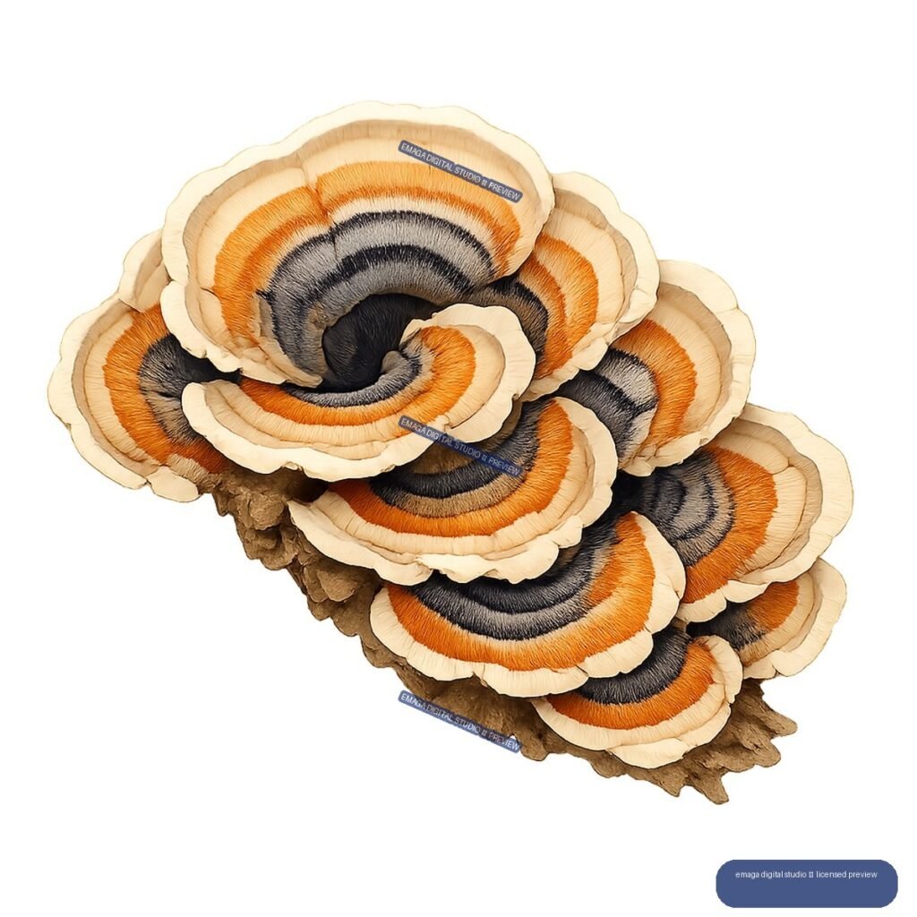 Cluster of layered shelf fungi with orange, black, tan, and cream concentric bands on a woody base.