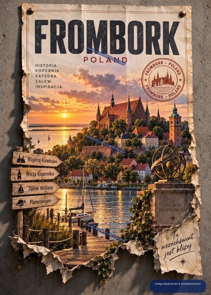 Vintage Frombork Poland travel poster showing a cathedral, waterfront sunset, boats, landmark signs, and an armillary sphere.