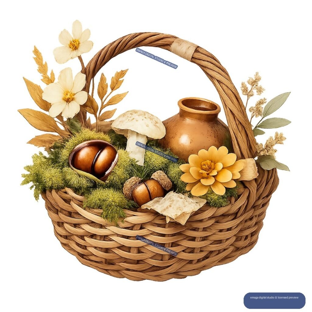 Woven basket filled with moss, flowers, mushrooms, acorns, leaves, and a small ceramic pot beneath a braided handle.
