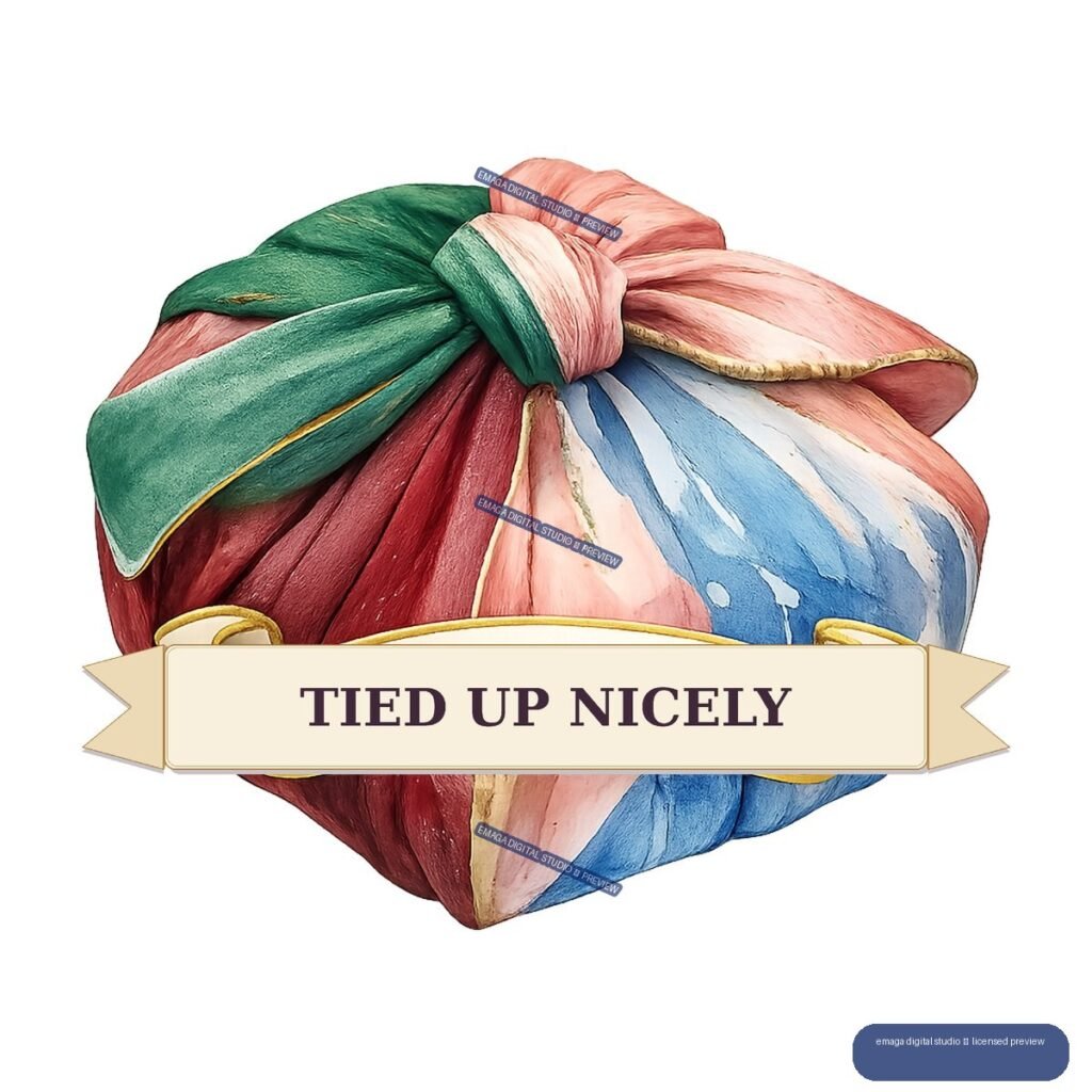 Illustrated gift package wrapped in multicolored paper with a large bow and a banner reading TIED UP NICELY.