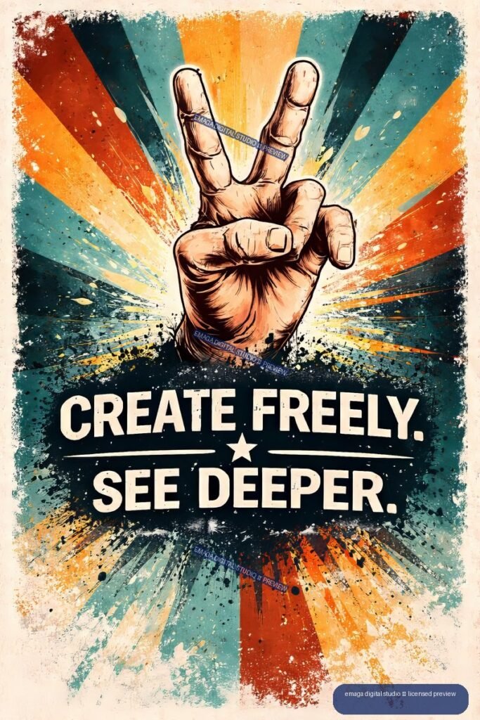 Retro poster with a raised two-finger hand, colorful radiating paint bands, and the words “CREATE FREELY, SEE DEEPER.”