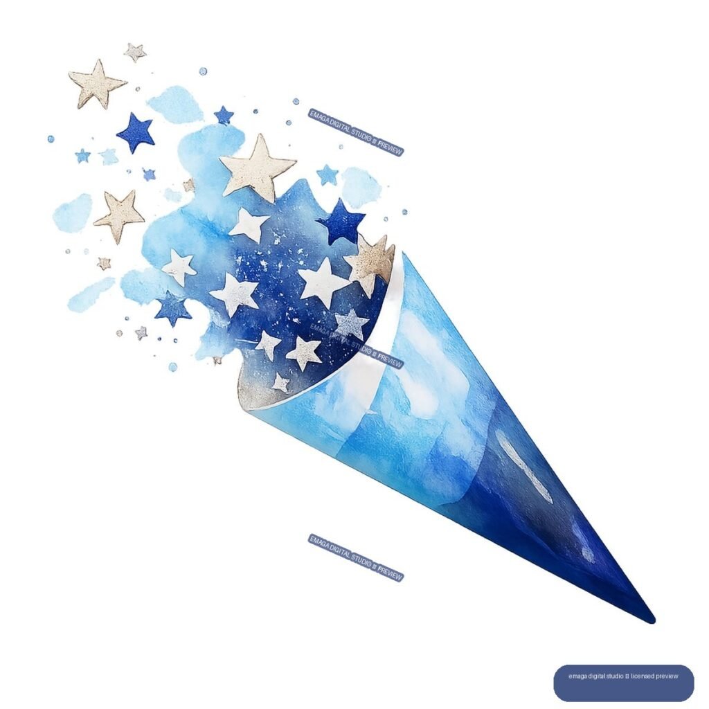 Blue watercolor New Year party hat with stars bursting from the top