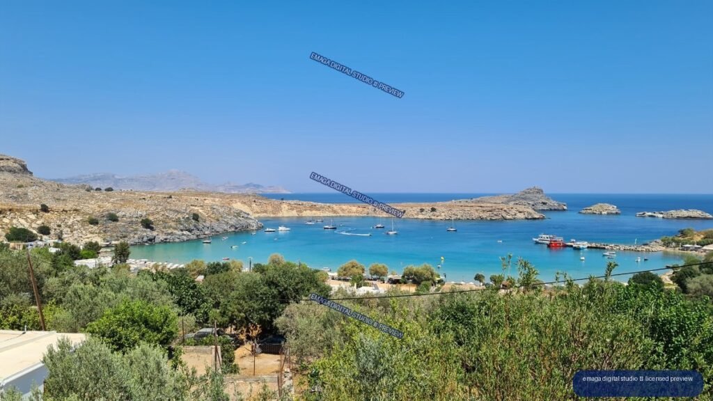 Panoramic coastal view of Lindos, Rhodes, Greece