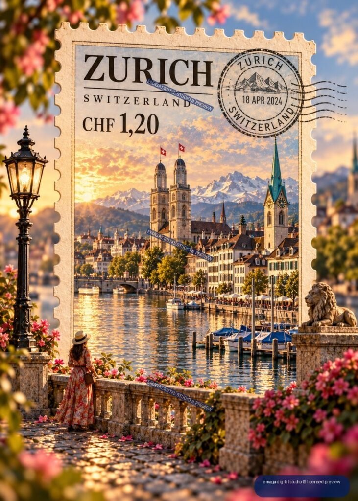 Decorative Zurich postage stamp featuring Zurich waterfront architecture, church towers, Alps, boats, flowers, a street lamp, lion sculpture, and a woman in a dress.