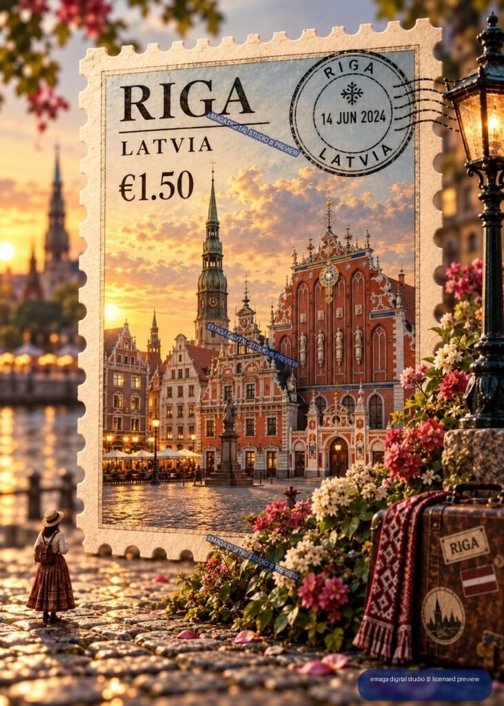 Decorative Riga Latvia postage stamp showing historic buildings, flowers, streetlamp, water, and travel luggage at sunset.