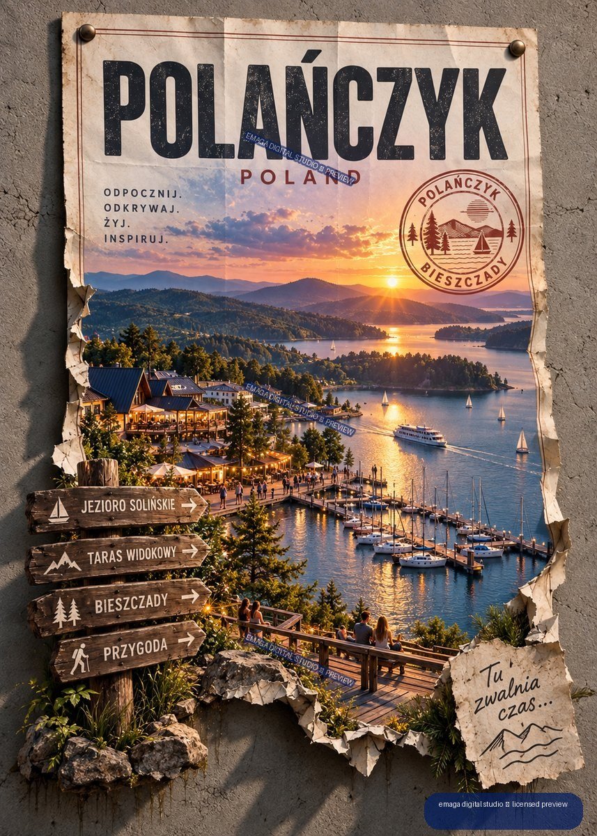 Vintage-style Polańczyk Poland travel poster showing a sunset lake, mountains, sailboats, marina, and directional signs.