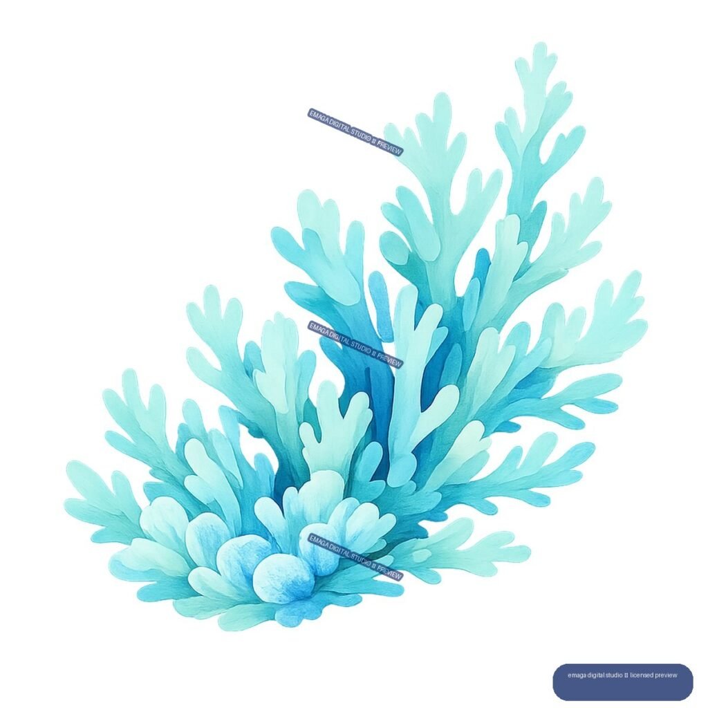 Watercolor-style illustration of branching turquoise coral with rounded blue forms at the base, isolated against white.