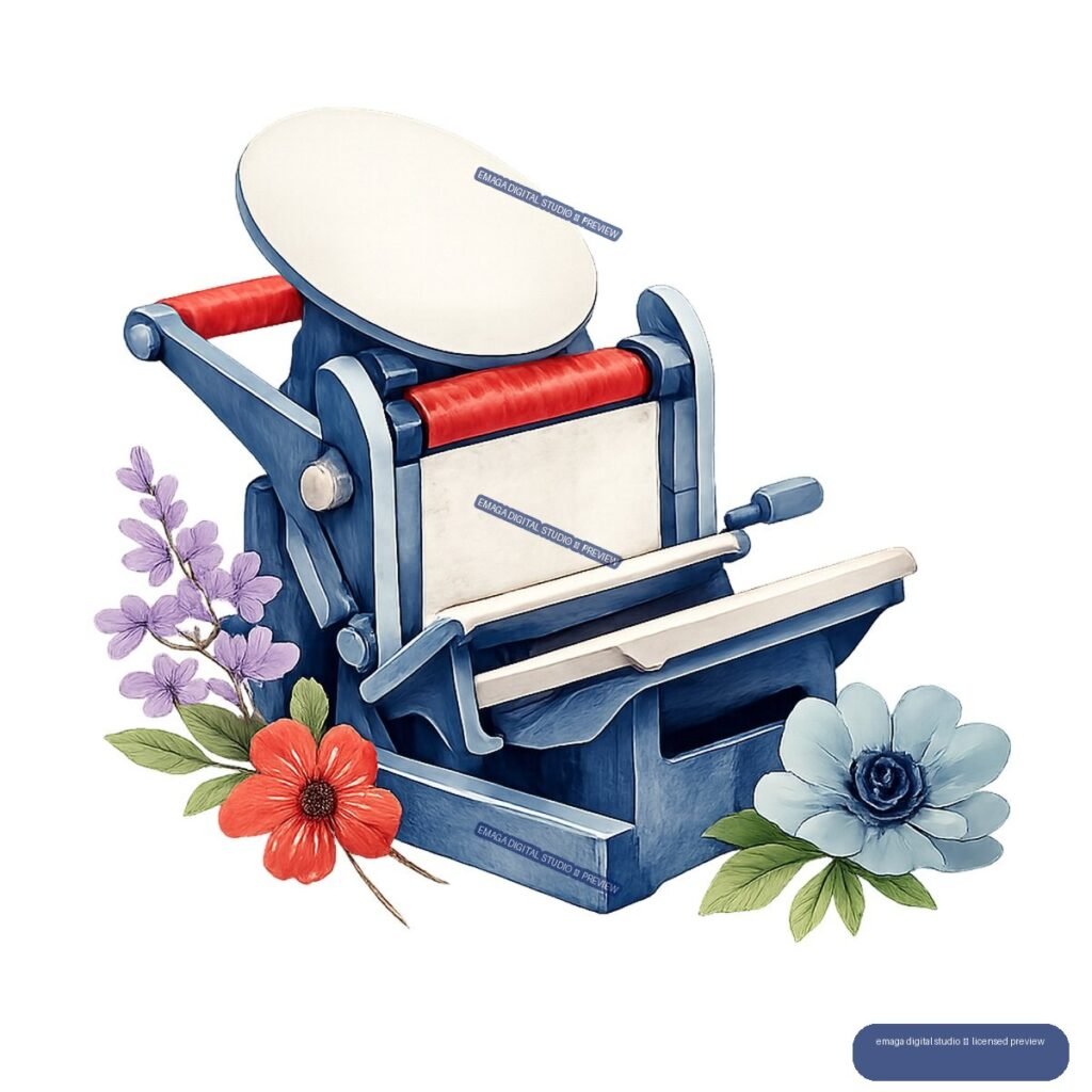 Blue tabletop printing press with red rollers, cream platen, and purple, red, and pale blue flowers.