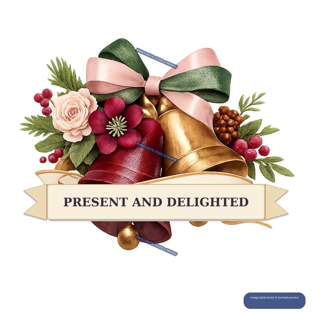 Gold and red bells with a pink and green bow, flowers, greenery, berries, and a banner reading “PRESENT AND DELIGHTED.”