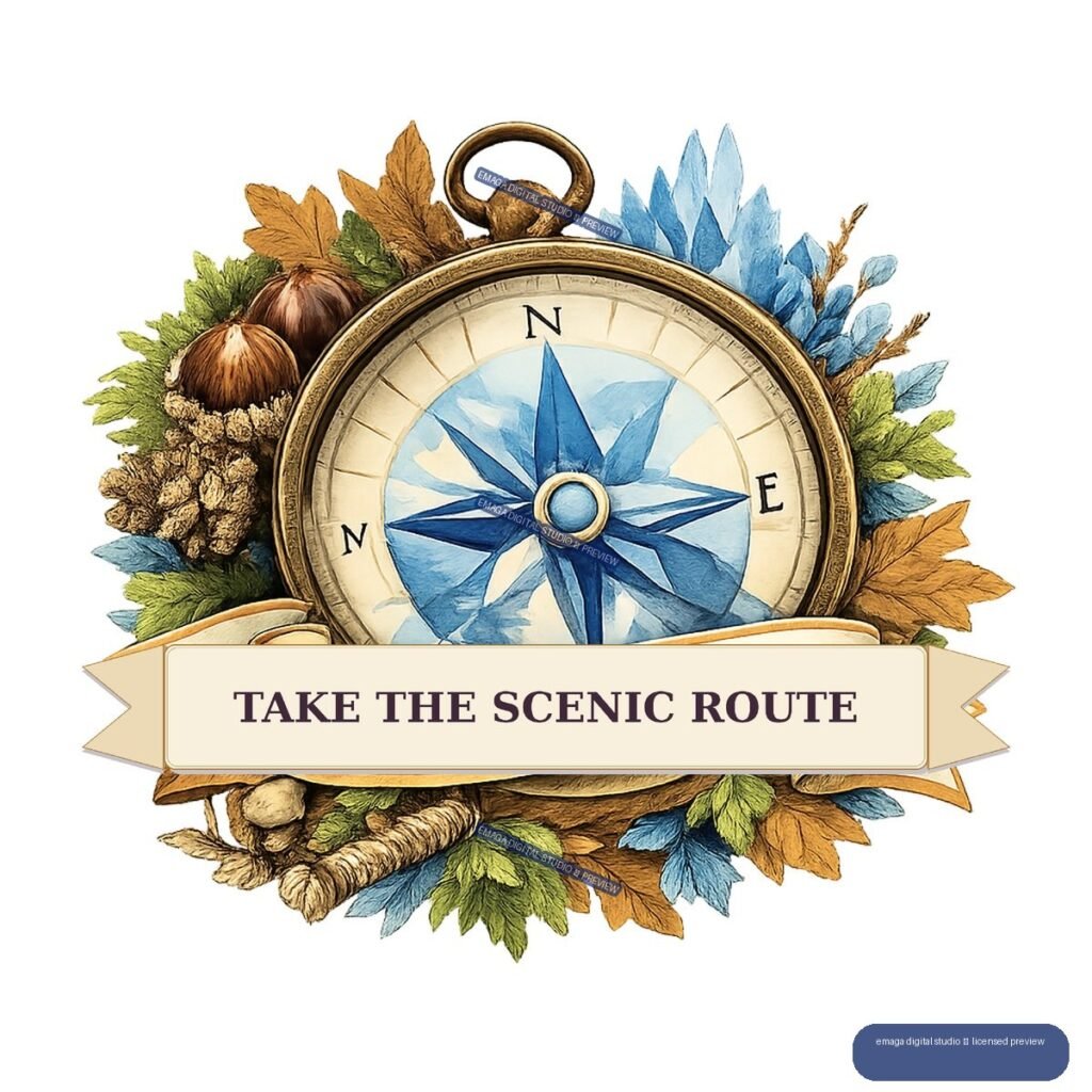 Vintage brass compass surrounded by evergreen sprigs, acorns, blue flowers, and autumn leaves, with a banner reading “TAKE THE SCENIC ROUTE.”