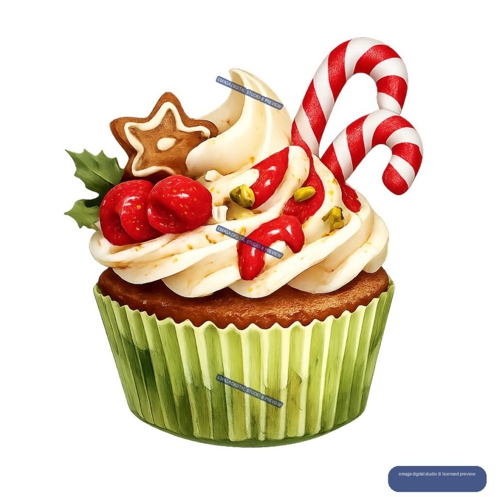 Festive cupcake with white frosting, red fruit, pistachios, candy canes, a gingerbread star, and holly leaves.