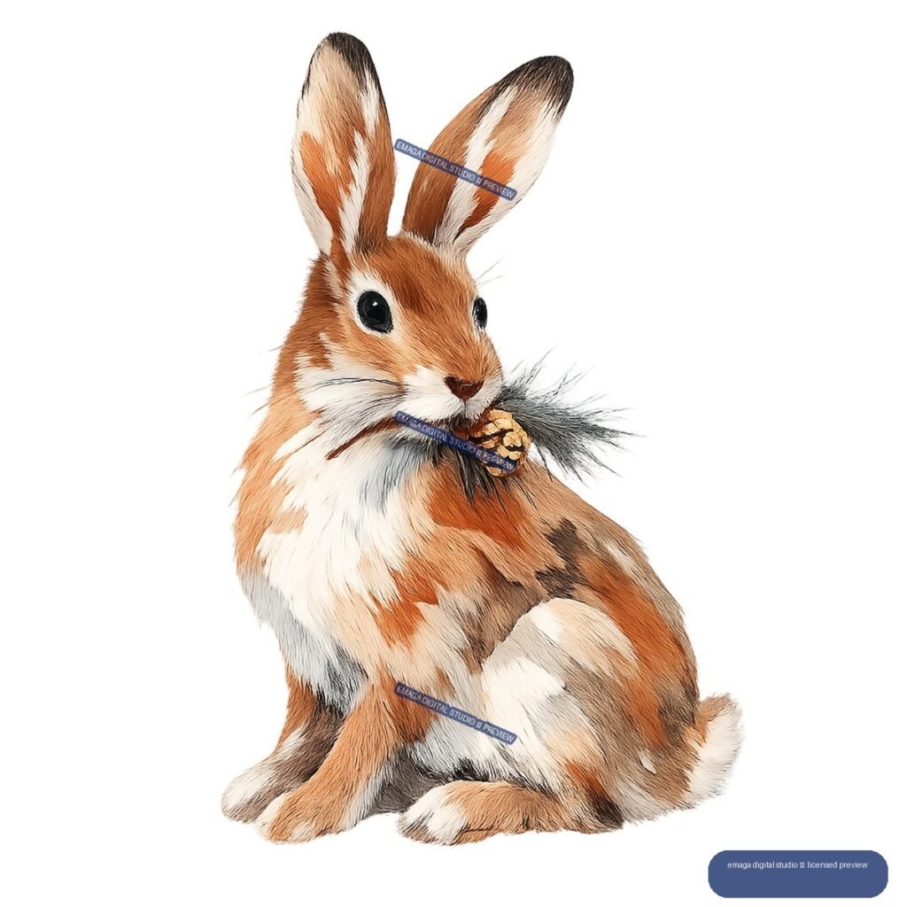 Seated reddish-brown rabbit holding a pinecone in its mouth, isolated on transparency.