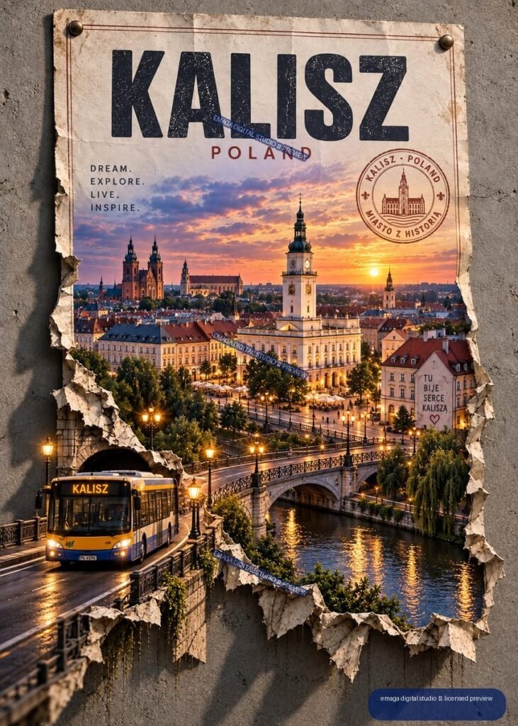Vintage-style Kalisz Poland travel poster showing a sunset cityscape, historic buildings, river bridge, and city bus.